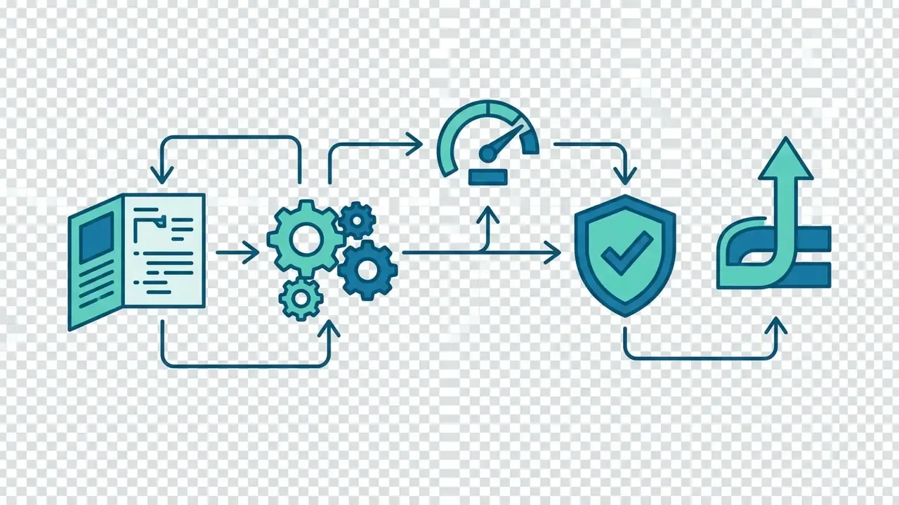 Linear process icons showing a document, gears, a gauge, a shield with a checkmark, and an upward arrow