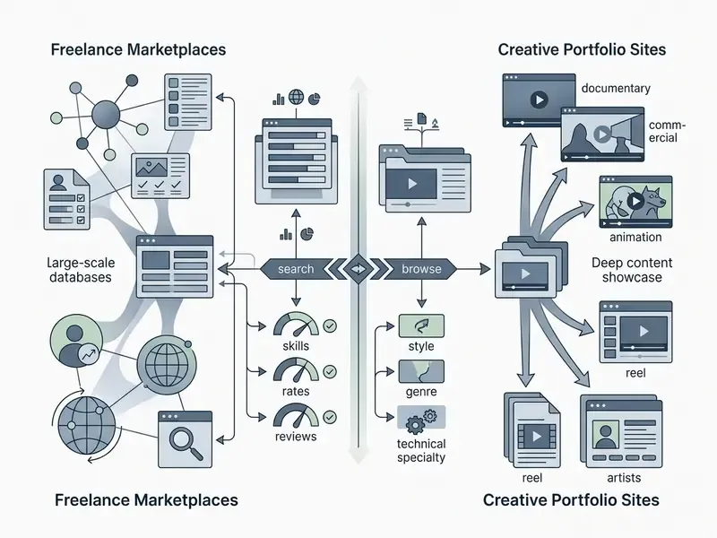 Comparative diagram mapping freelance marketplaces against creative portfolio sites for video projects