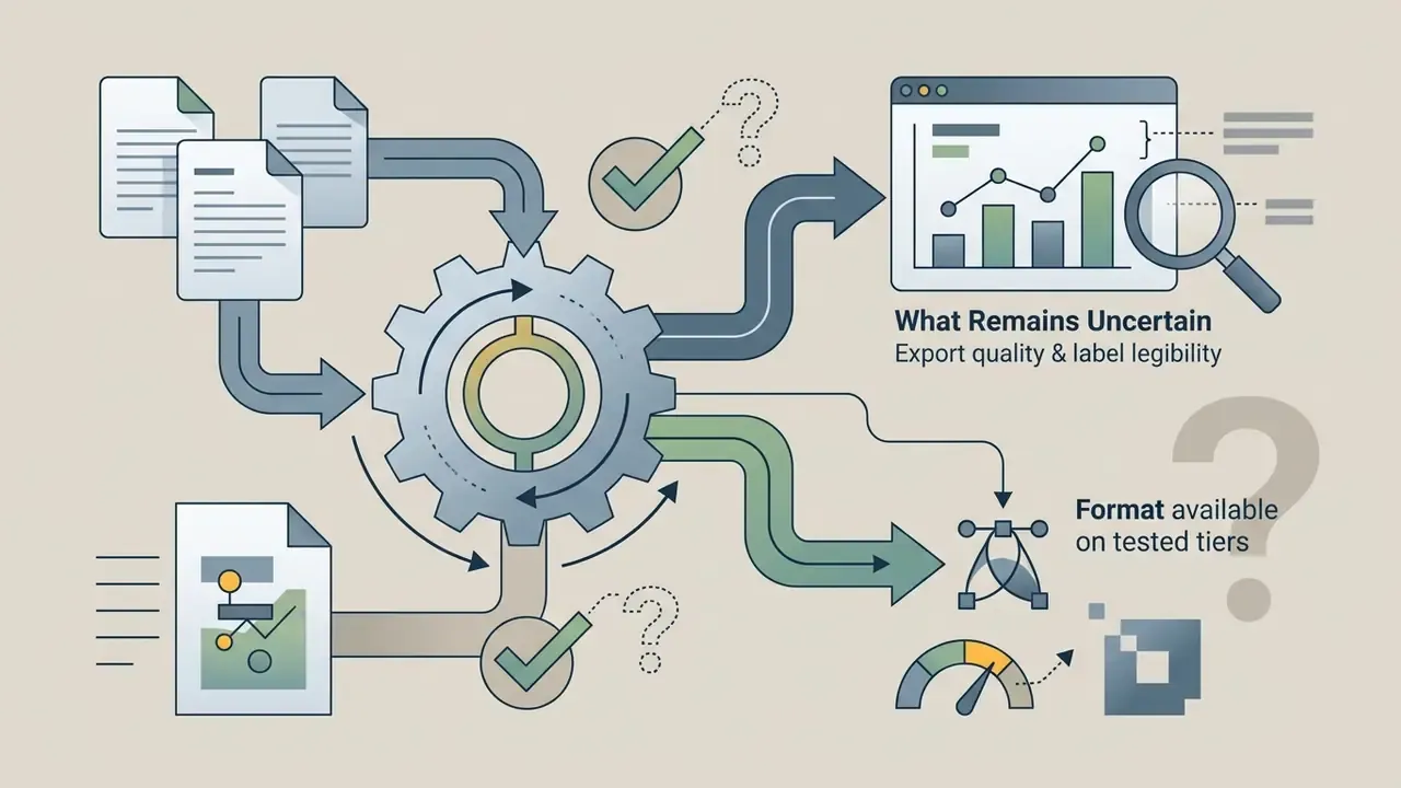 Document icons flowing through a central gear to generate charts and vector export format options
