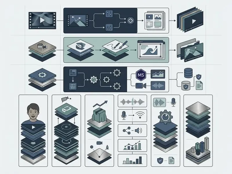 Flowchart illustrating technical processes for AI video creation tools including editing and data analysis