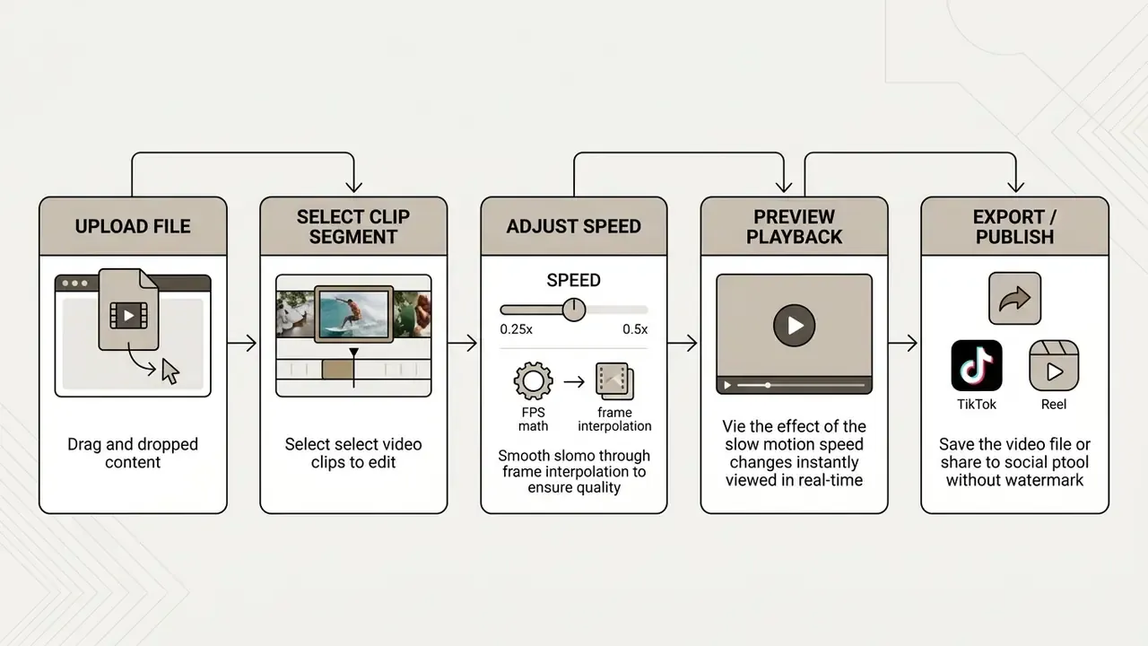 Five sequential steps for using a slow motion video editor from file upload to final export