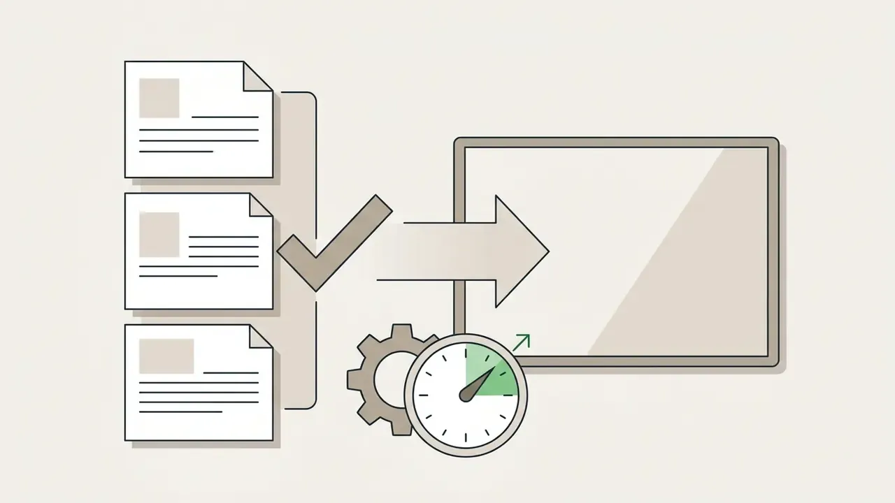 Three documents with checkmark moving into a frame with a gear and timer to optimize AI Video API inputs