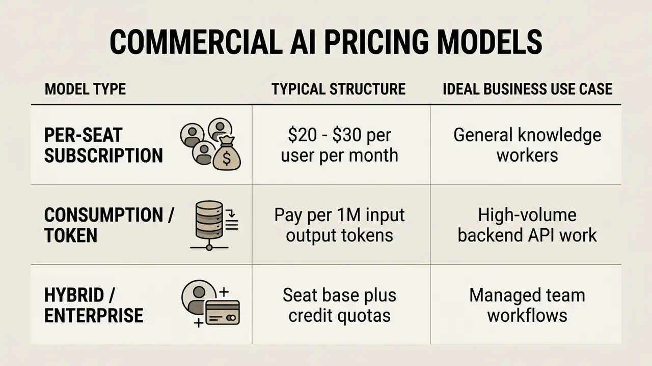 Table comparing three commercial AI pricing models by structure and ideal business use case