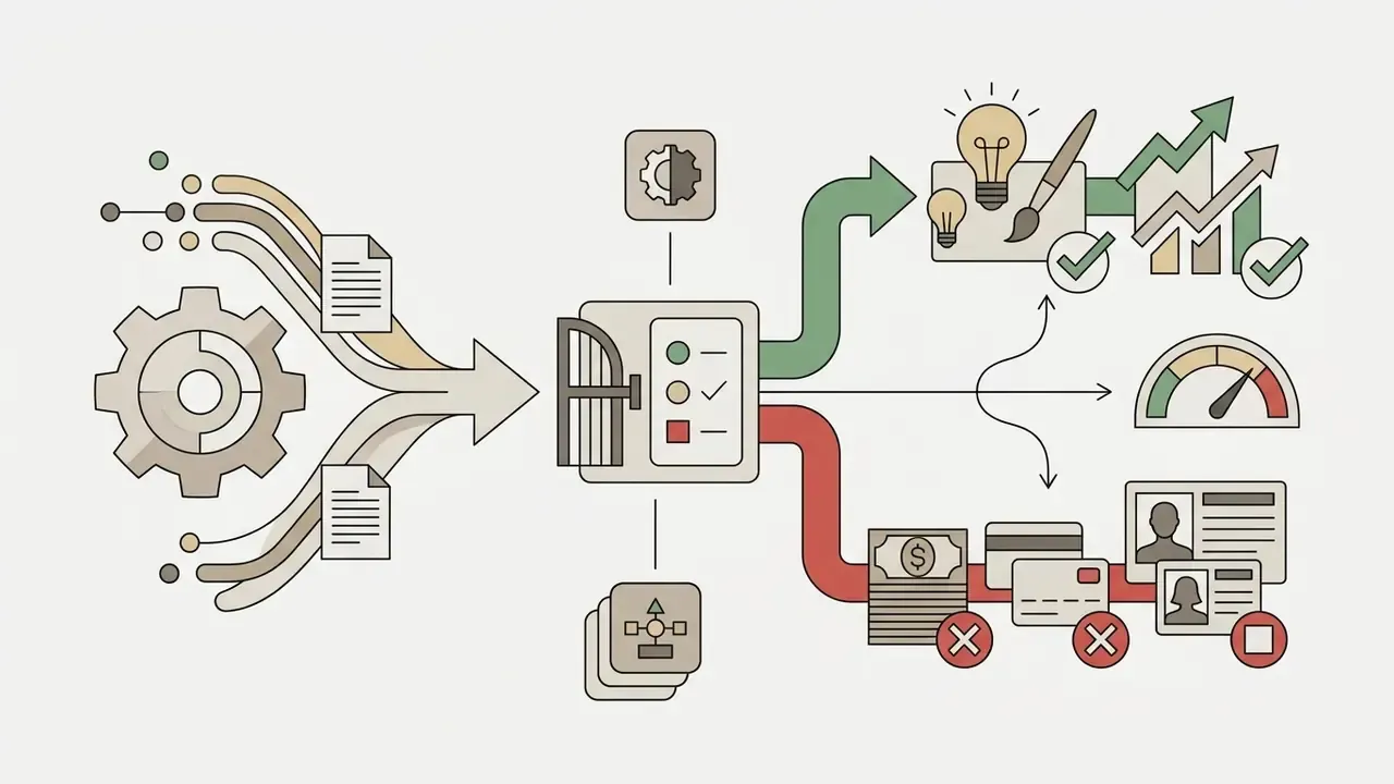 Data streams feeding into a control gate that filters creative tasks from restricted financial records