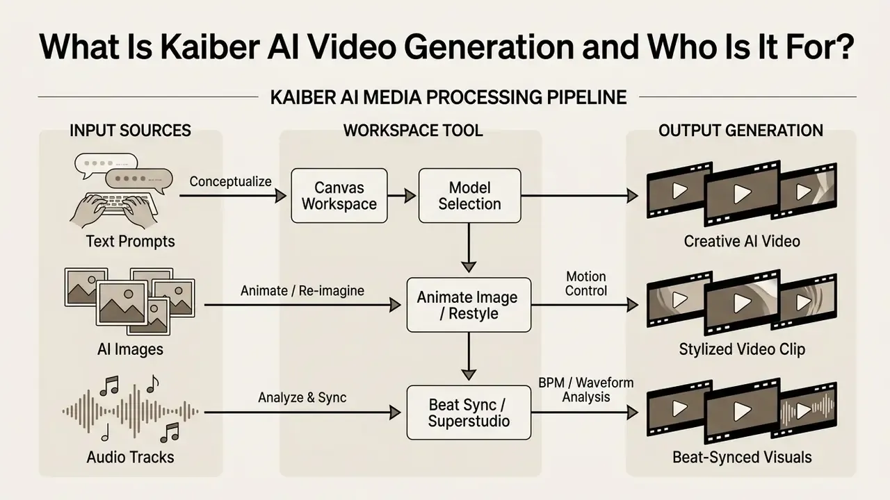 Flowchart showing the Kaiber AI media processing pipeline from input sources to final video output