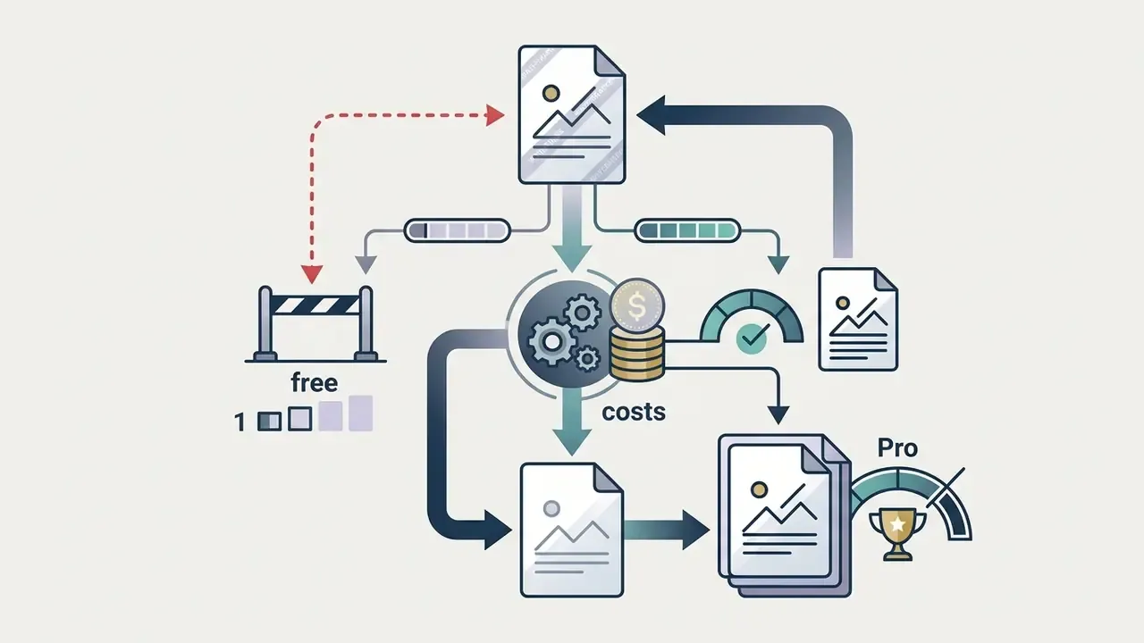 Flowchart showing free plan limits versus paid subscription costs for AI image expansion services