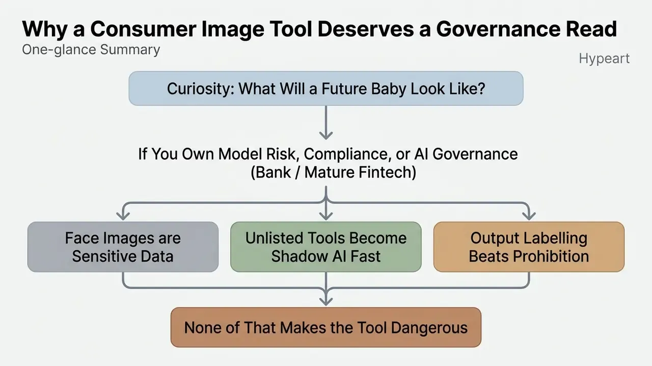 Flowchart outlining governance considerations for consumer AI tools like a fotor ai baby generator