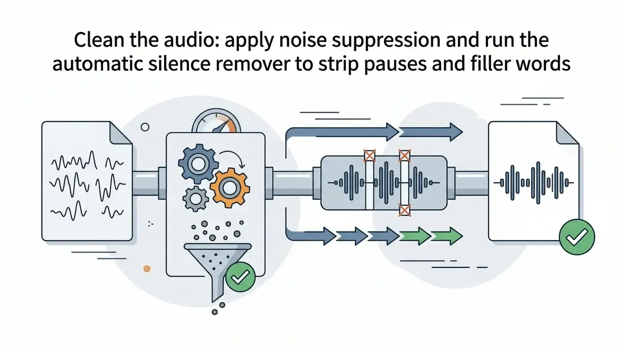Audio waveform passing through a processing unit with gears and a filter to produce a cleaned output