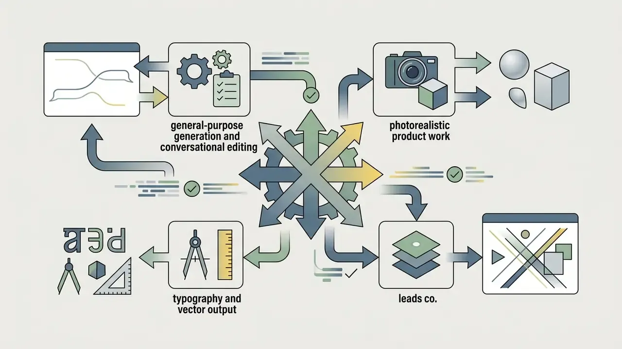 Central gear icon connecting four categories of AI image generation tasks with icons and directional arrows