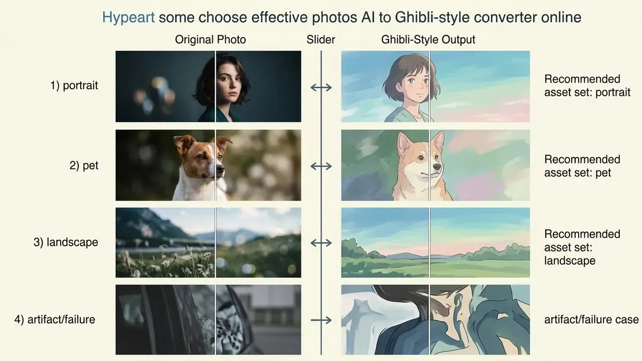 Interactive slider comparing original photos with Ghibli-style AI converter outputs for various subjects