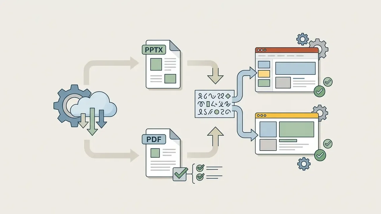 Cloud and gear icon processing PPTX and PDF files into browser windows for final rendering verification