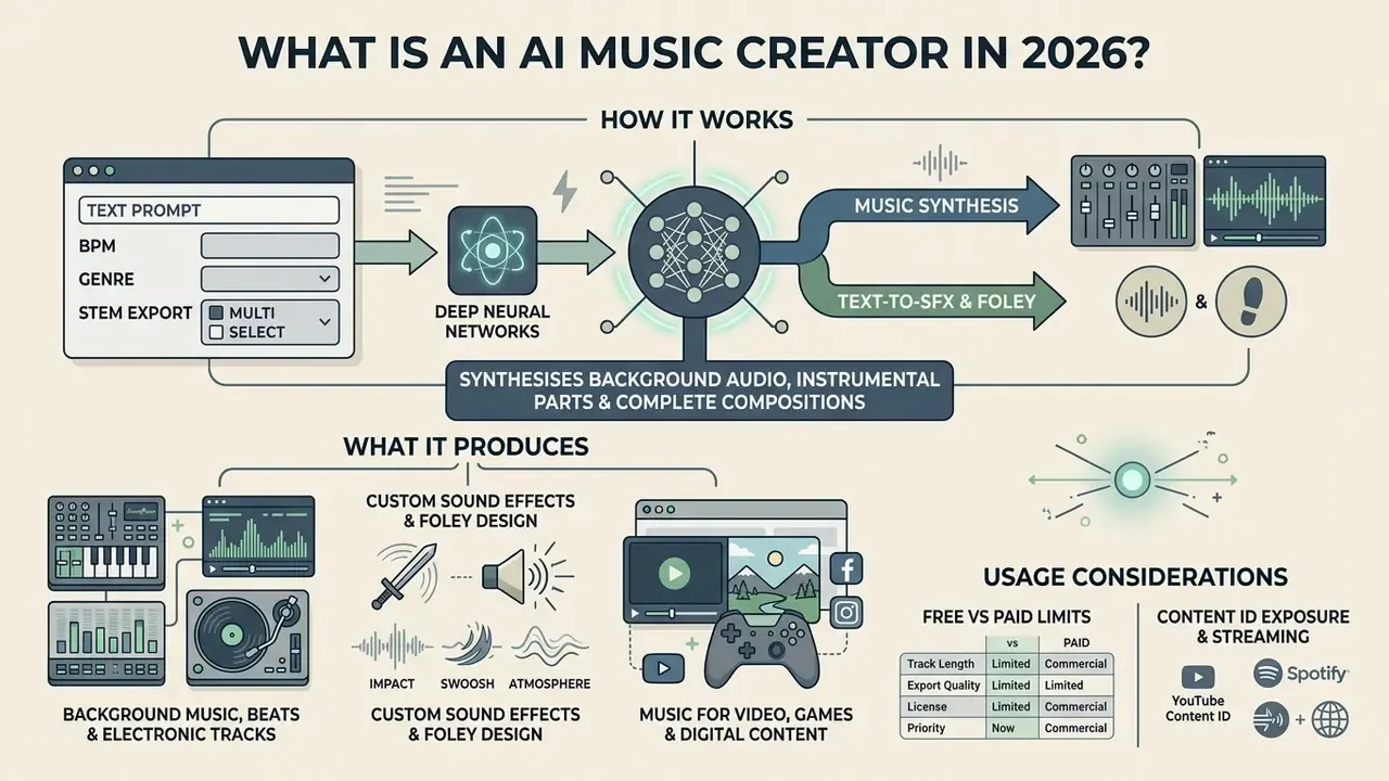 Infographic showing how deep neural networks process text prompts to generate audio and sound effects