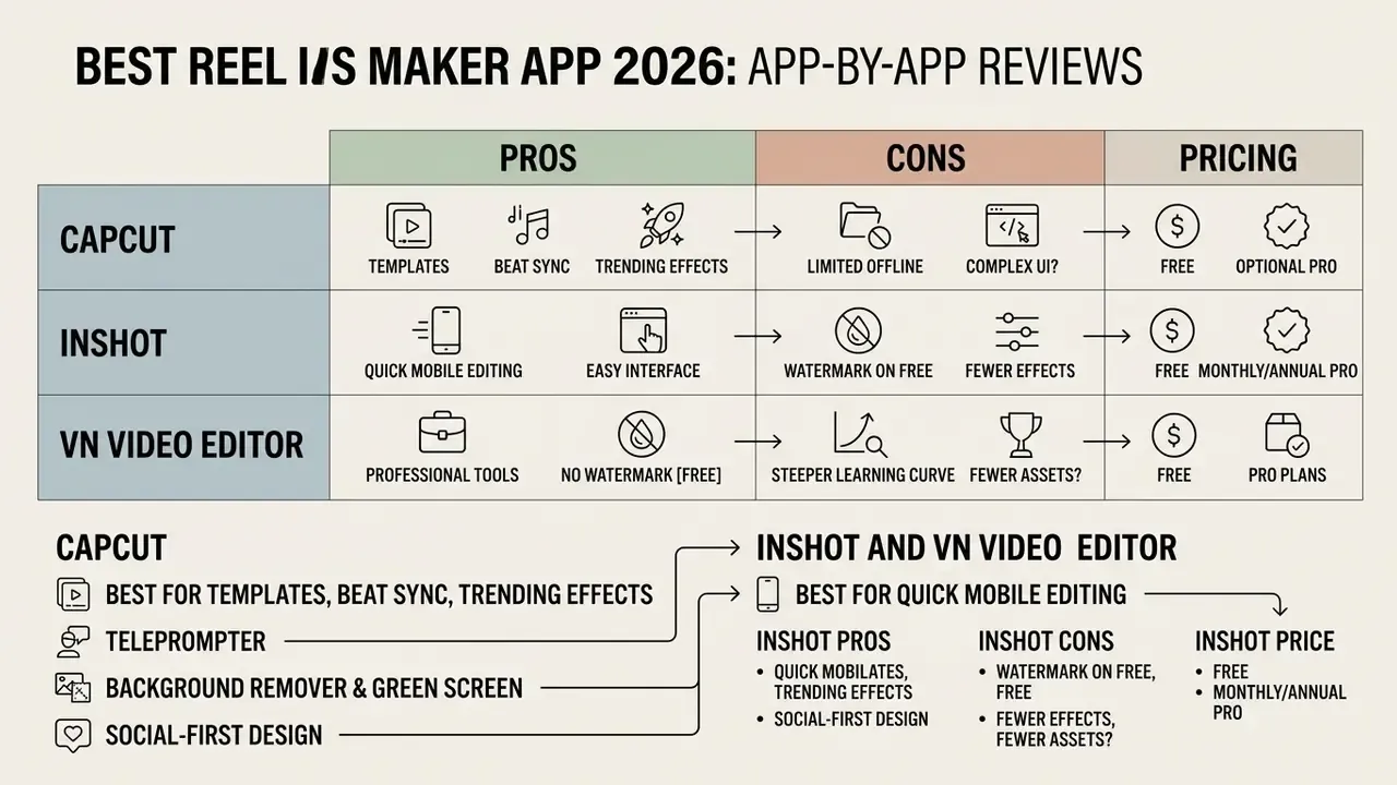 Comparison table detailing pros, cons, and pricing for CapCut, InShot, and VN Video Editor apps
