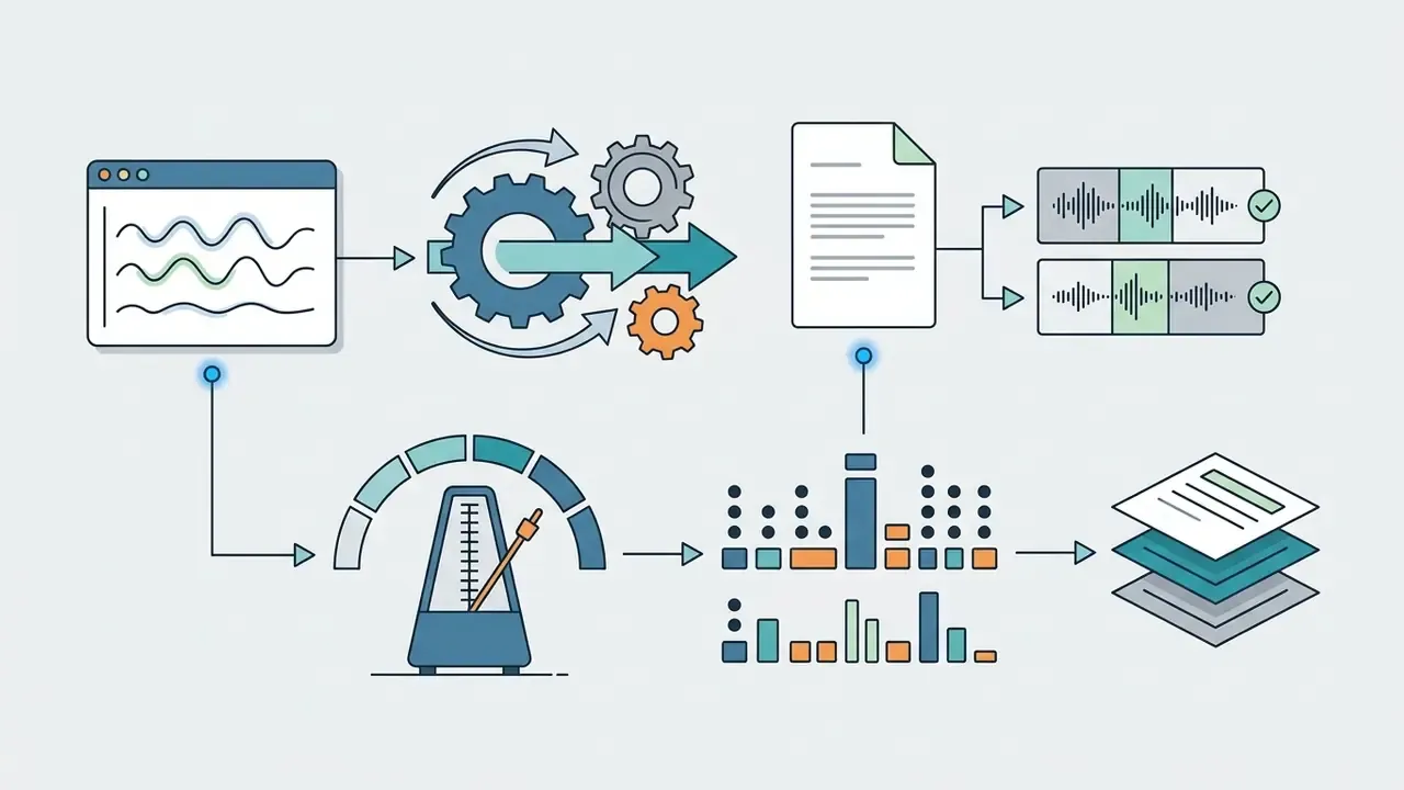 Metronome and gear icons connecting wave patterns to document files and rhythmic audio bar charts