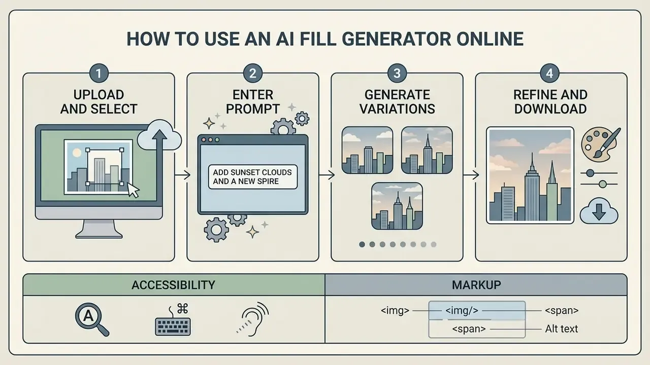 Four step diagram showing image upload, prompt entry, variation generation, and final file download