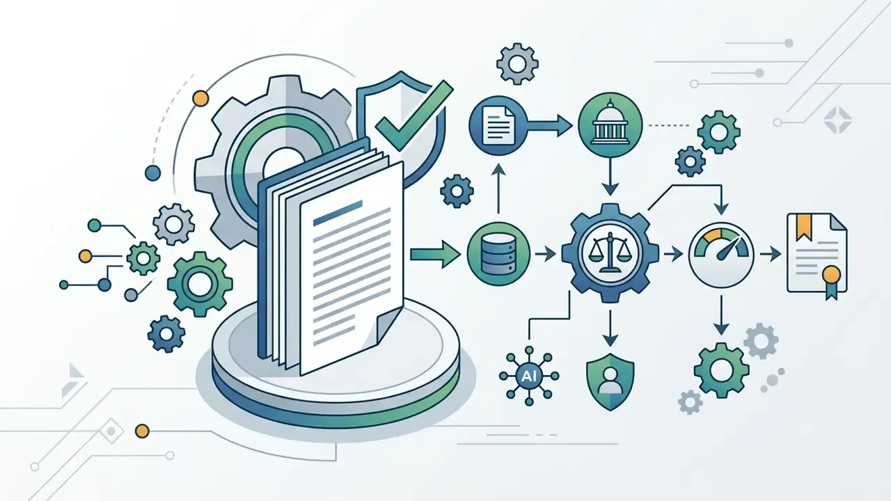 Stack of papers linked to a gear, legal scales, a speedometer, and icons for government and AI compliance