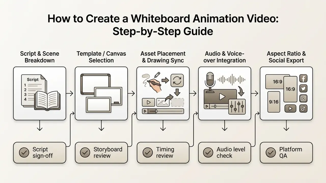 Linear production pipeline showing five key stages from script preparation to social media export
