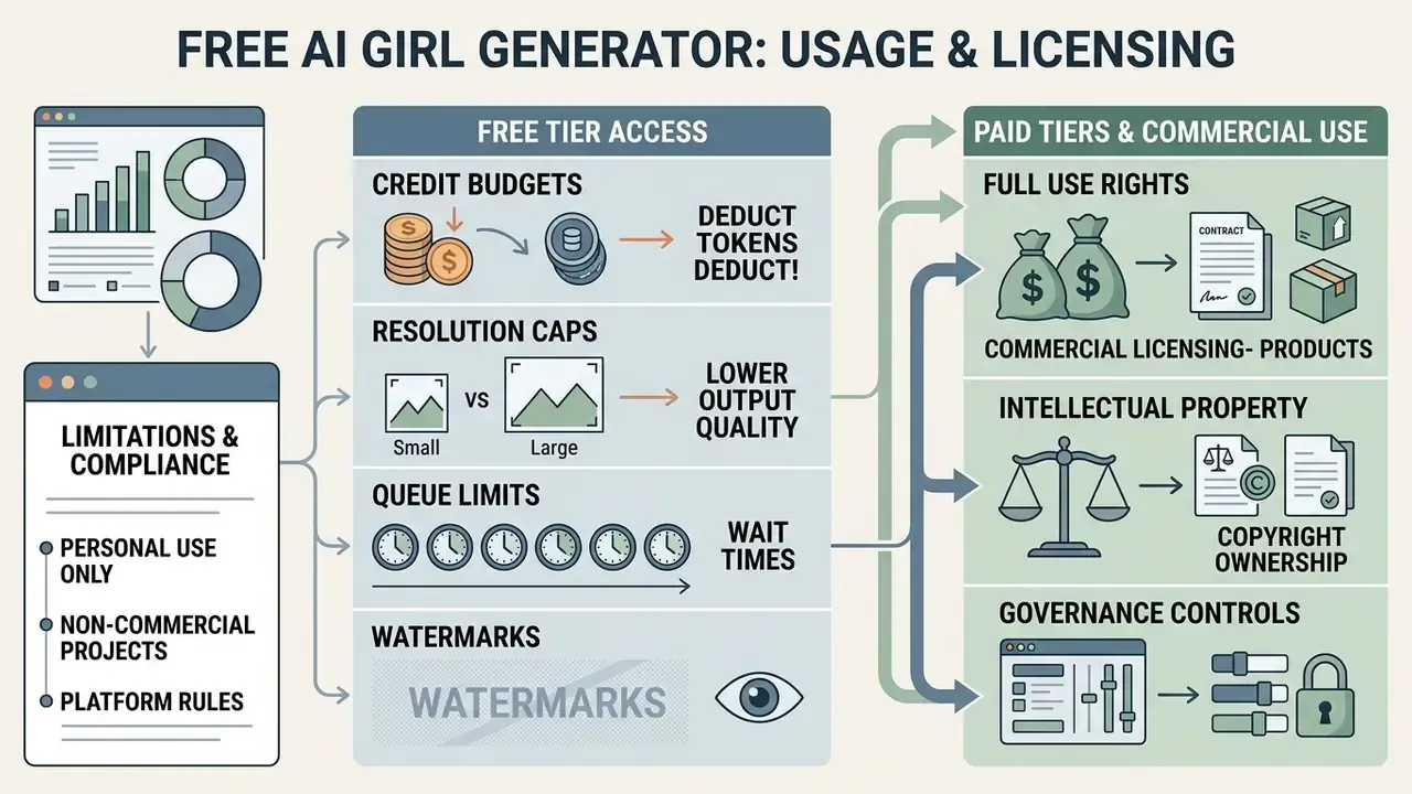 Comparison chart detailing free tier access constraints versus paid commercial licensing and legal rights
