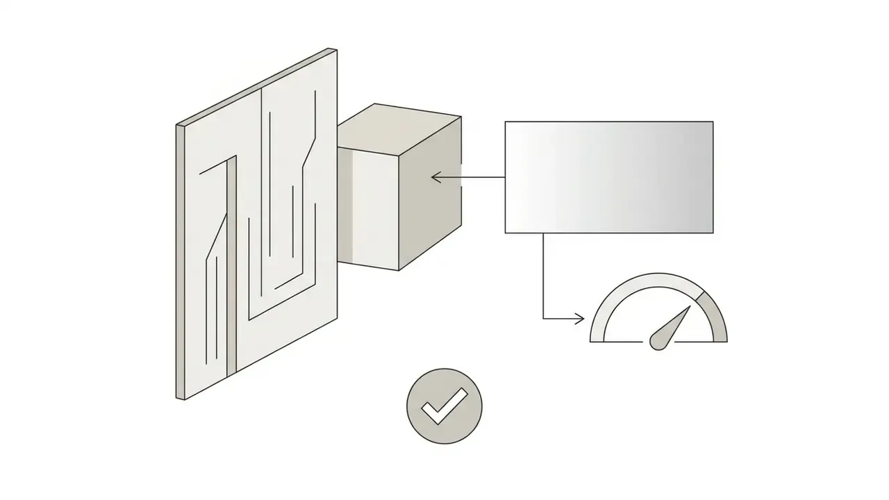 Circuit board panel connecting to a cube and a gauge indicating processing speed with a checkmark icon