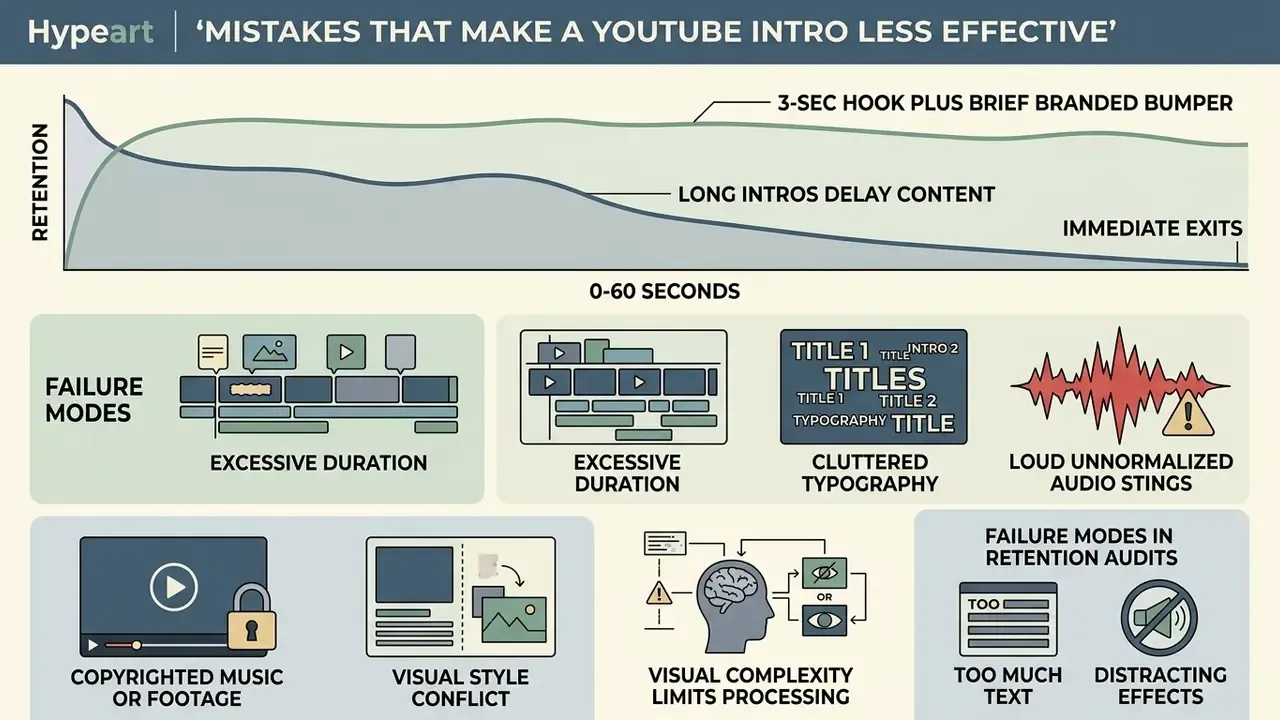 Line graph comparing audience retention curves alongside icons representing common YouTube intro errors