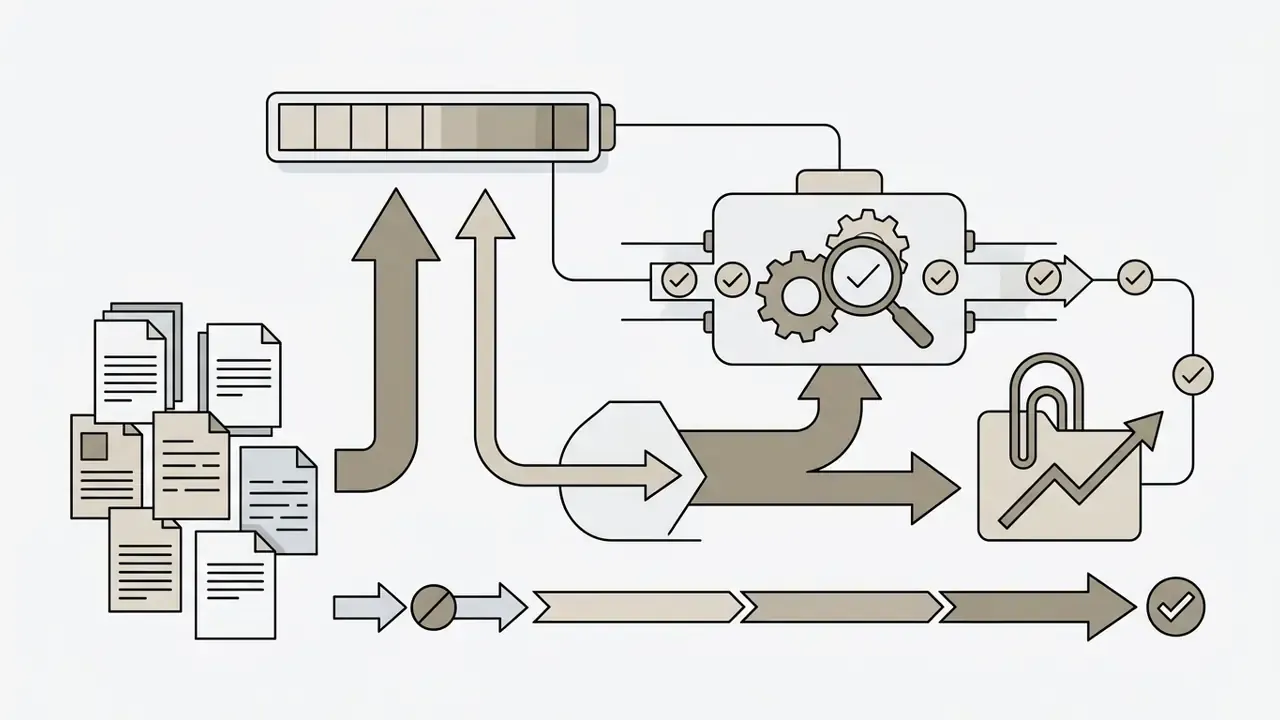 Multiple documents feeding into a processing engine with gears and a magnifying glass to generate output
