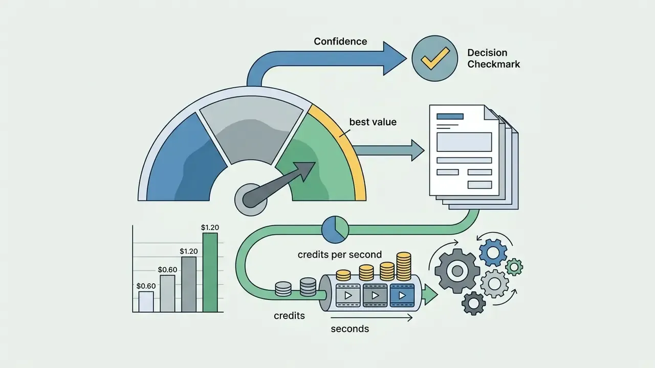 Gauge and flow chart illustrating how credit consumption and costs determine AI video tool value
