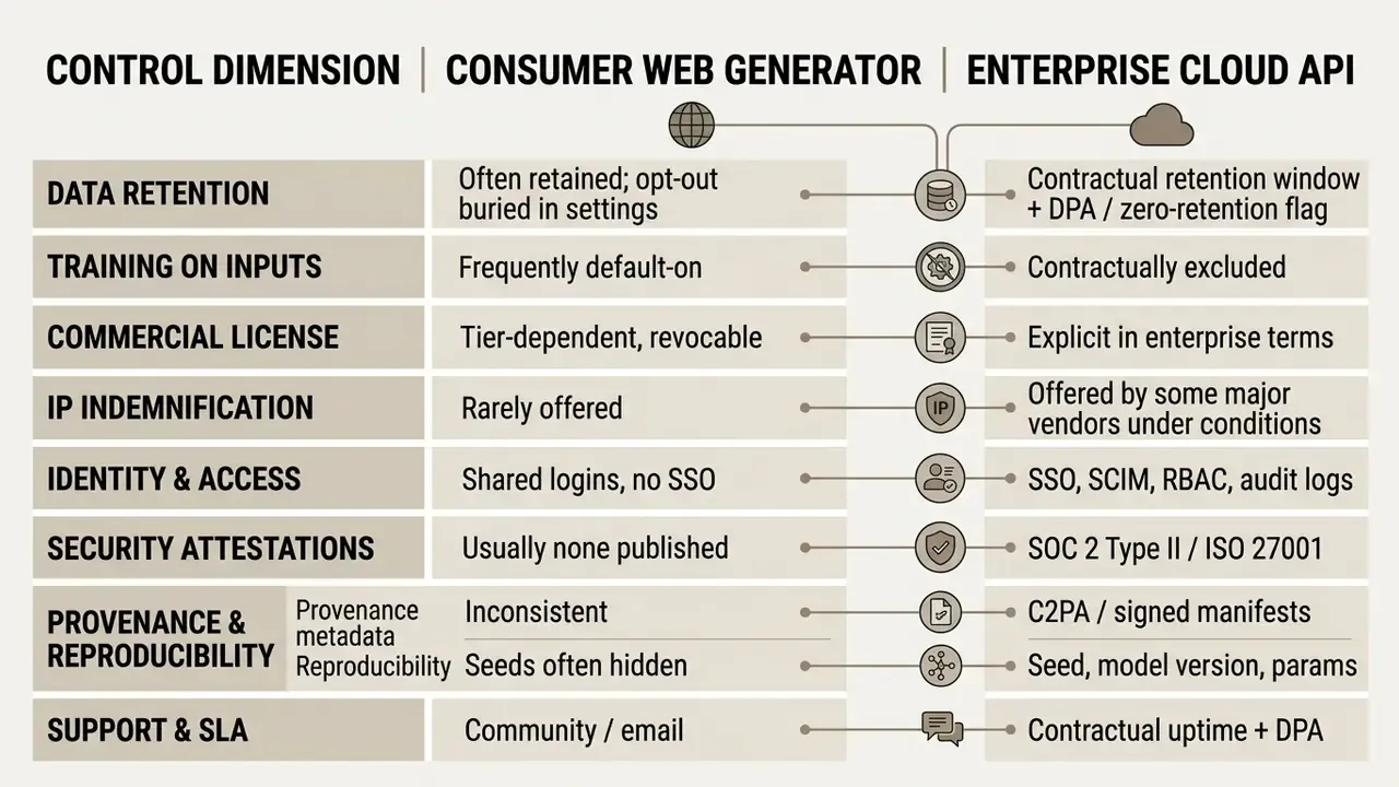 Table contrasting features of consumer web generators and enterprise cloud API services