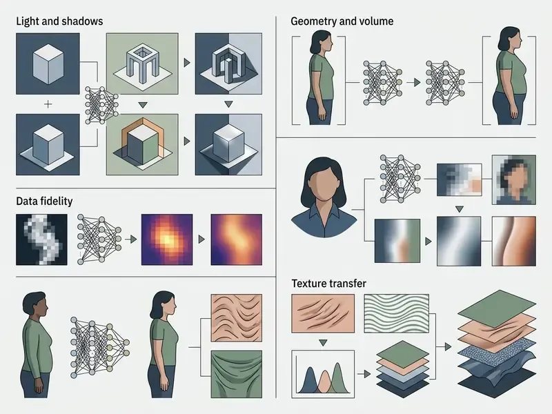 Infographic detailing neural network processes for lighting, geometry, and texture in AI image editing