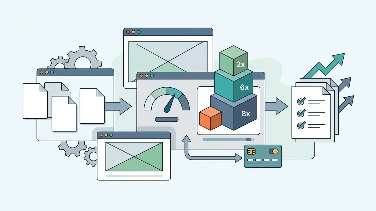 Browser windows processing document files through speed gauges and scale cubes toward a checklist