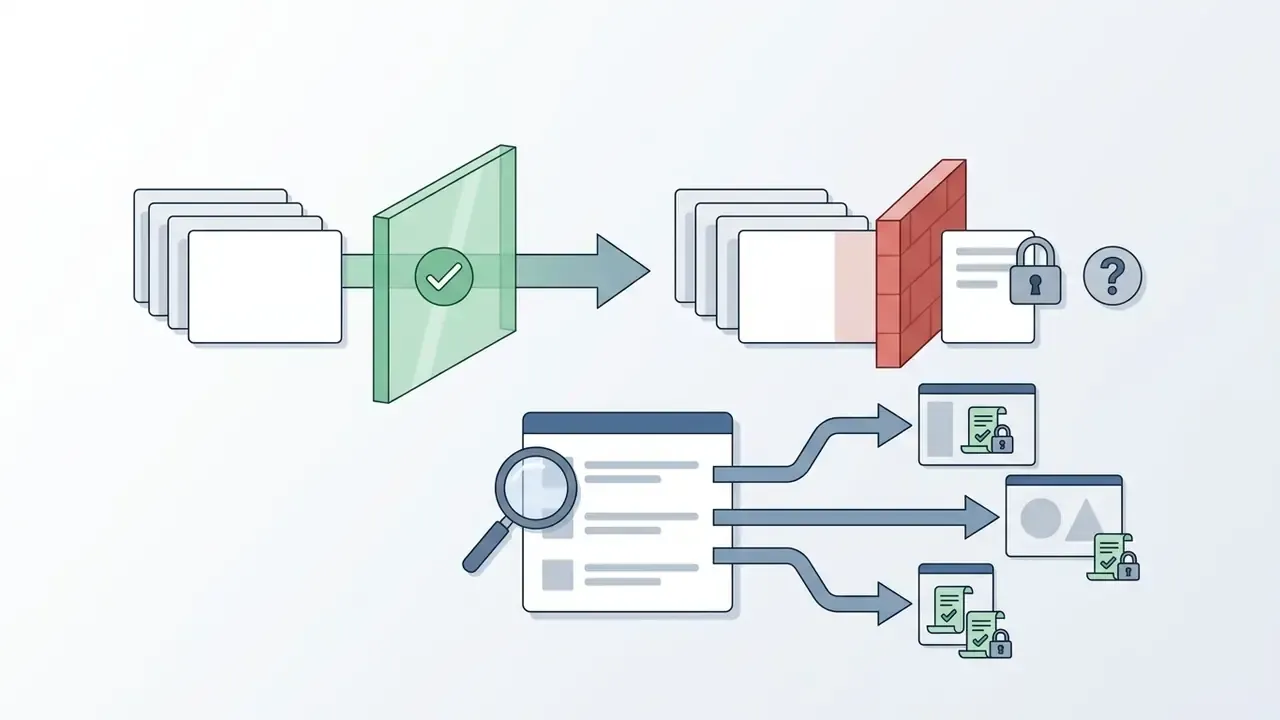 Icons showing documents passing through a green gate or blocked by a red wall with a padlock symbol