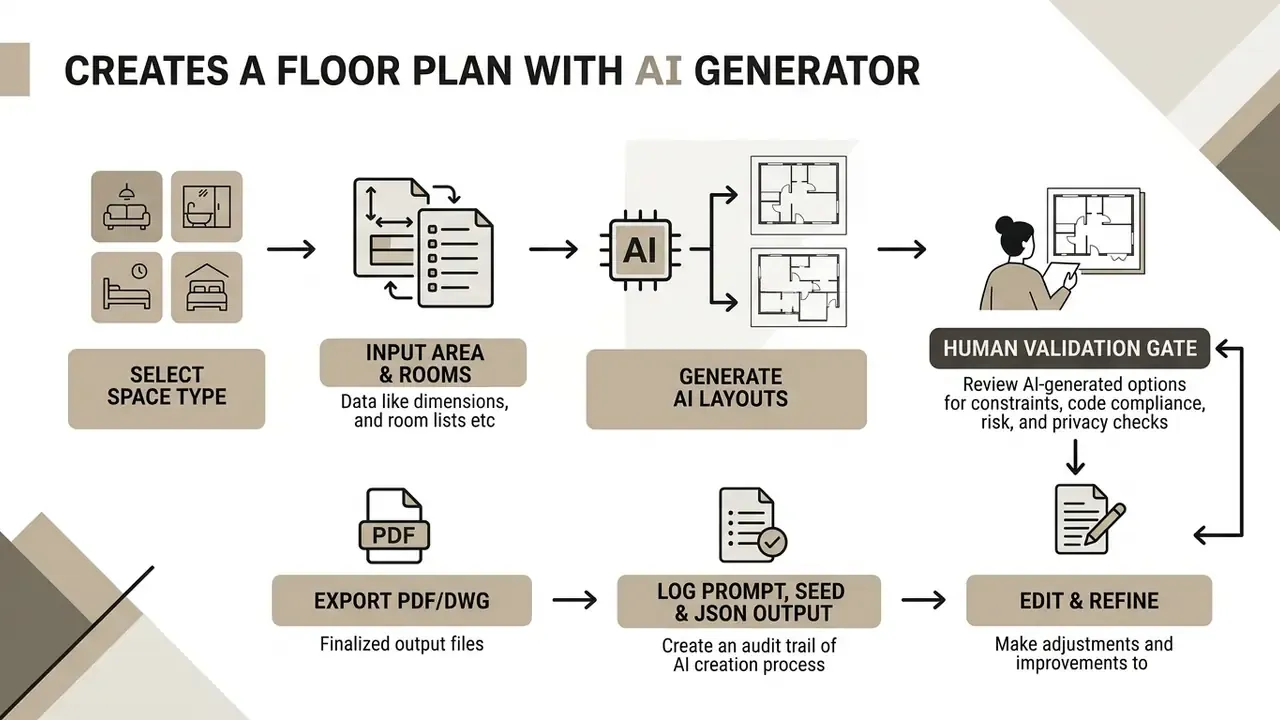 Workflow diagram showing steps for an AI floor plan generator from input to final PDF export