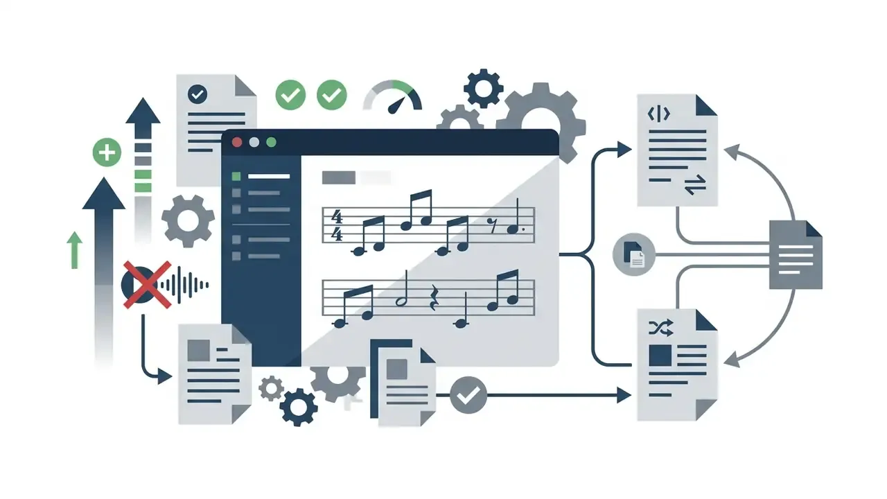 Notation software interface displaying musical scores with arrows indicating file format conversion