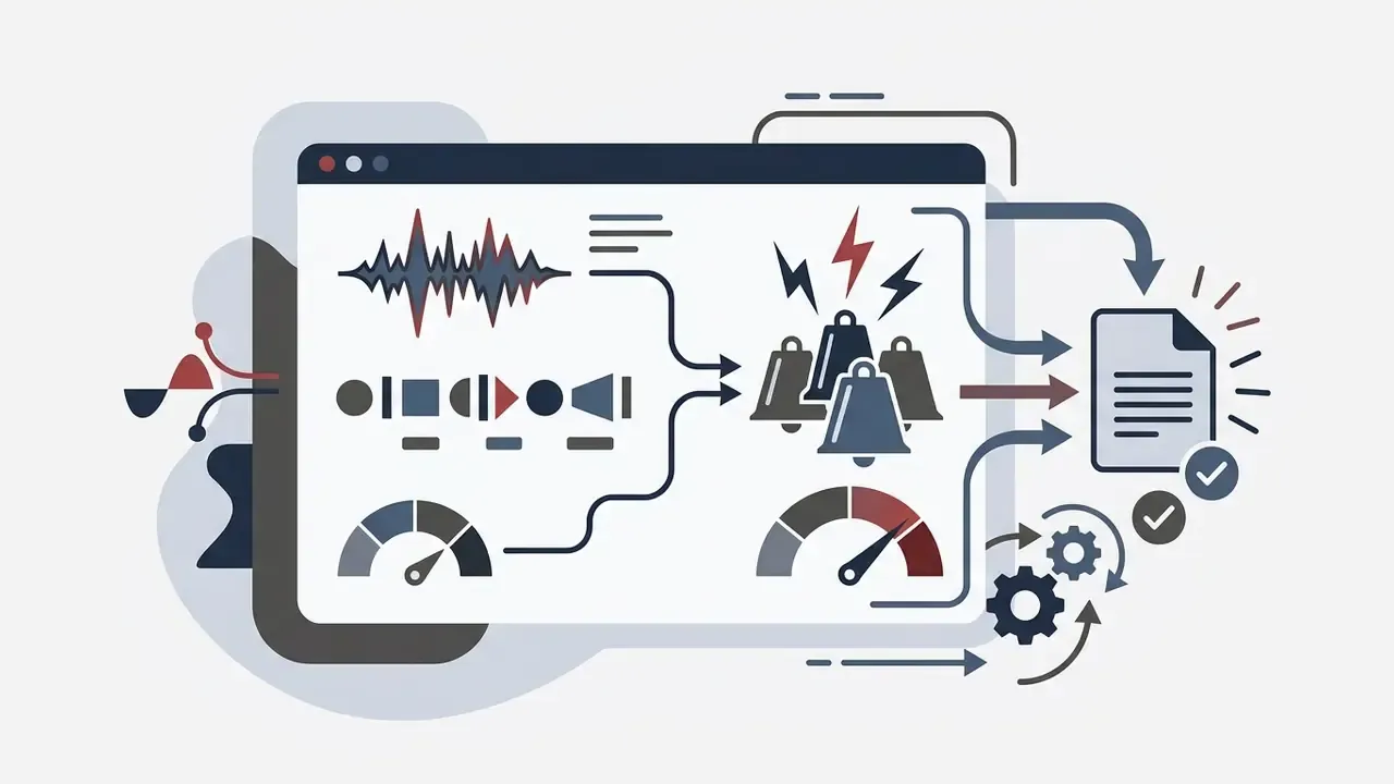 Audio waveform and cowbell icons feeding into a gauge to generate a finished document file