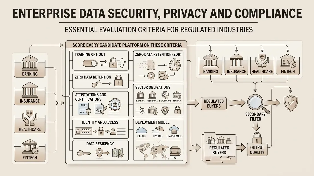 Diagram showing evaluation criteria for data security, privacy, and compliance in regulated industries
