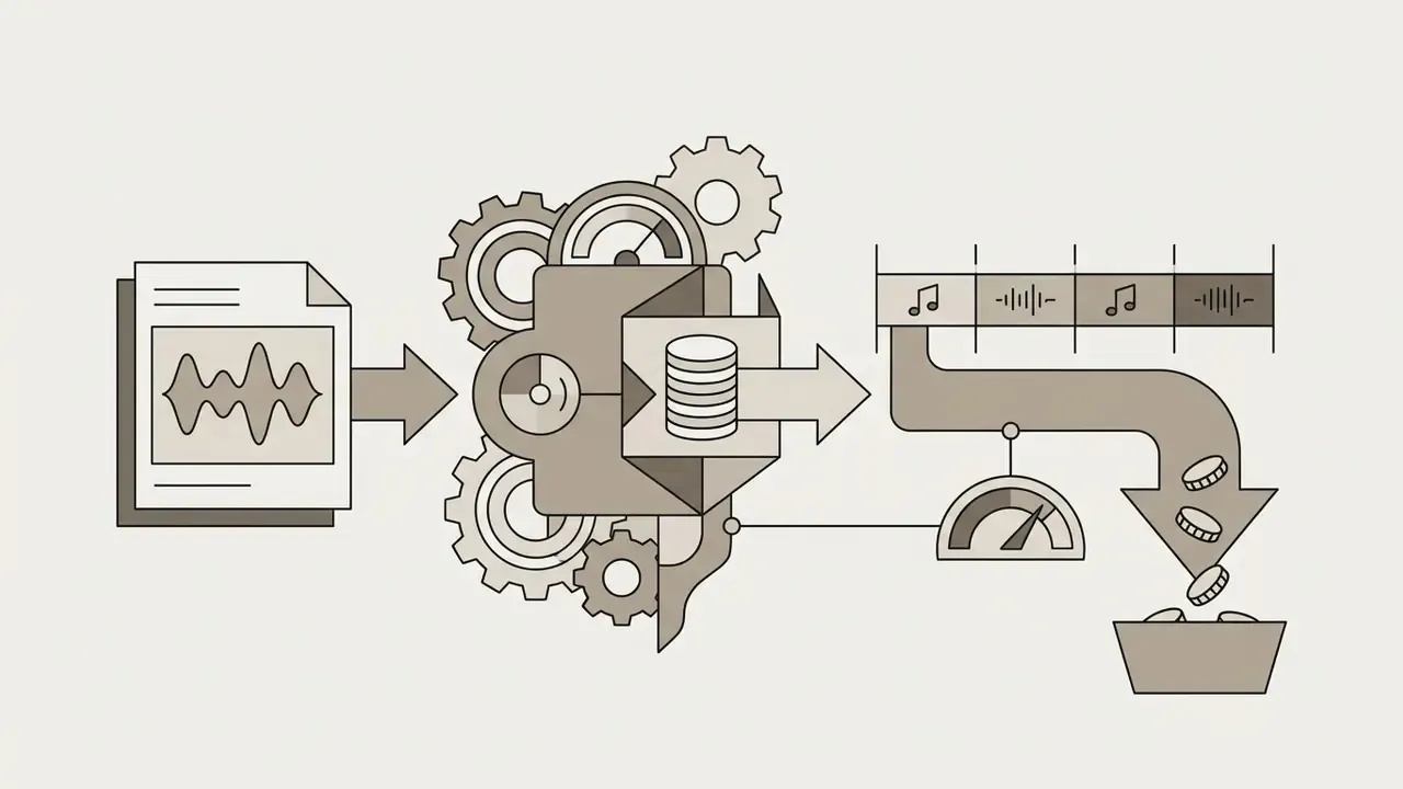 Audio document feeding into a gear mechanism that converts synthetic music segments into credit costs