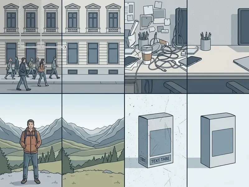 Split screen showing before and after examples of an ai image remove object tool cleaning up scenes
