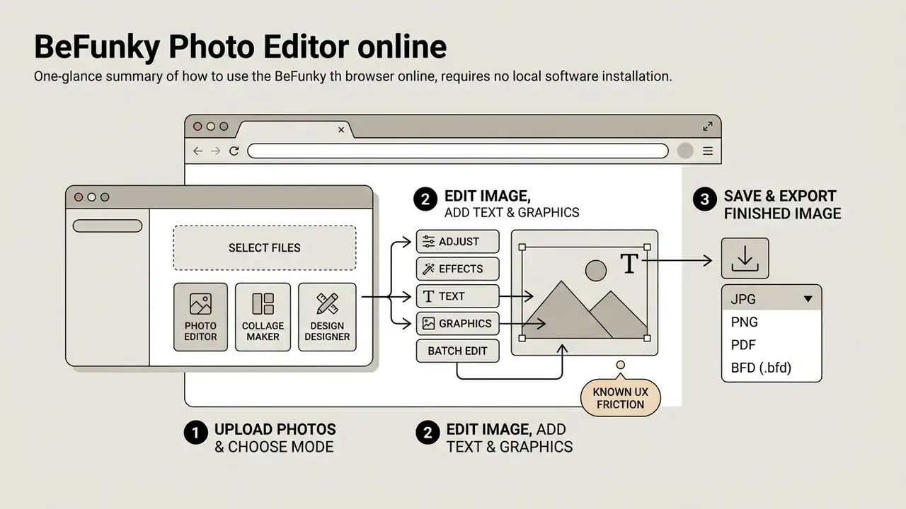Workflow diagram showing steps to upload, edit, and export images using BeFunky Photo Editor online