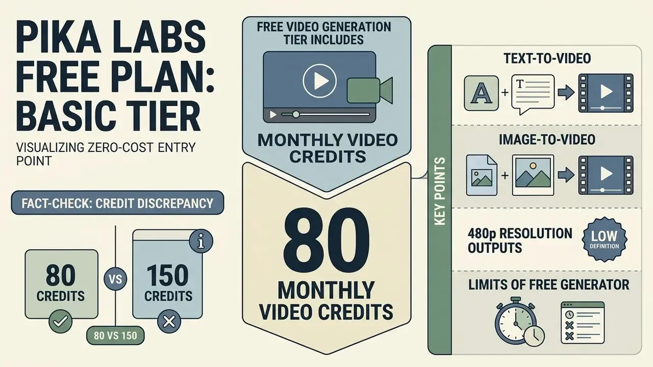 Infographic detailing the Pika Labs free plan with 80 monthly credits and 480p output limitations