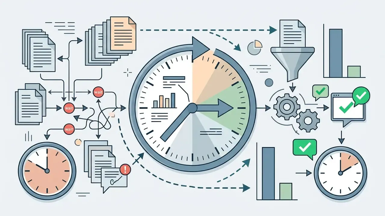 Clock icon surrounded by documents and gears representing a reduction in processing time for approvals