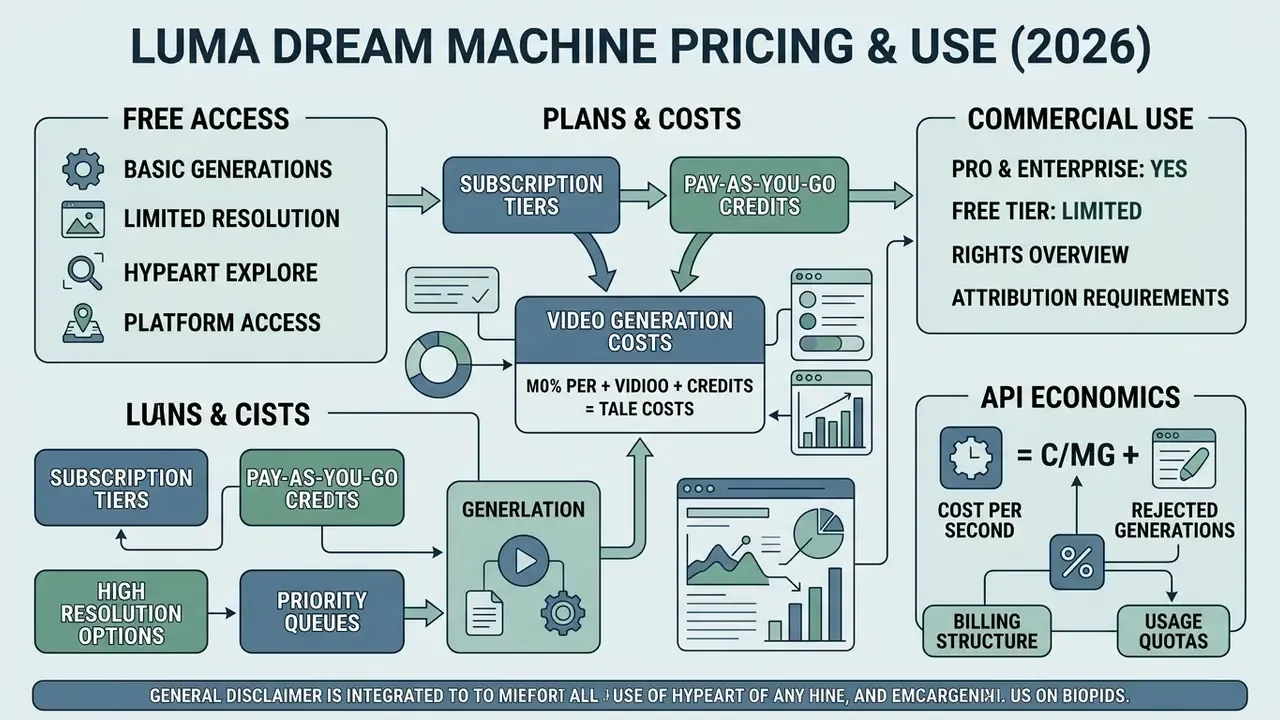 Flowchart outlining Luma Dream Machine pricing tiers, commercial usage rights, and API cost structures