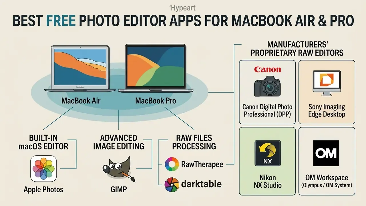 Infographic showing free photo editor for Mac options categorized by built-in, advanced, and RAW tools