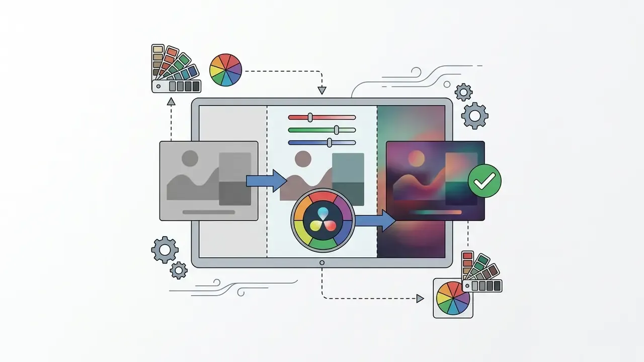 Digital interface showing the transformation of raw footage into color graded video with adjustment tools