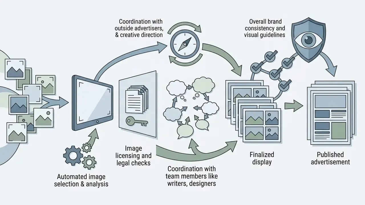 Cycle depicting commercial image selection, licensing, creative coordination, and final publication output