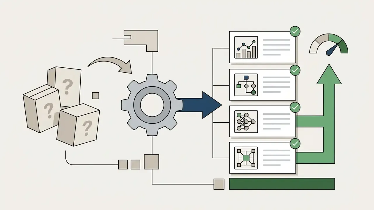 Question marked boxes feeding into a central gear that processes data into verified model documents