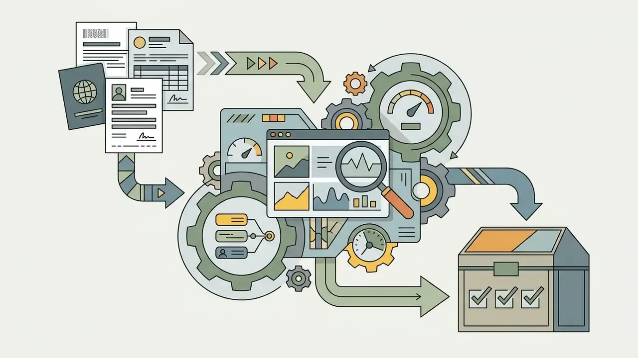 Personal documents flowing through a gear mechanism and magnifying glass into a checked storage container