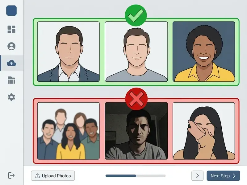 Interface showing examples of good and bad portrait photos for the Canva AI headshot generator