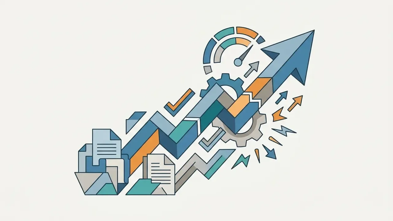Upward arrow composed of document icons and gears with a speed gauge indicating rapid progress