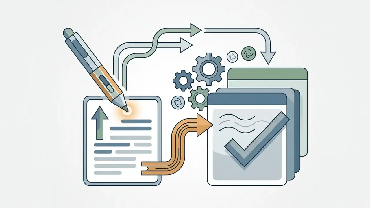 Stylized pen writing on a document with arrows leading to a stack of completed files and rotating gears