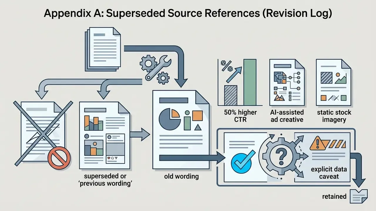 Process map showing old text being replaced by new content with a data caveat and final retention status