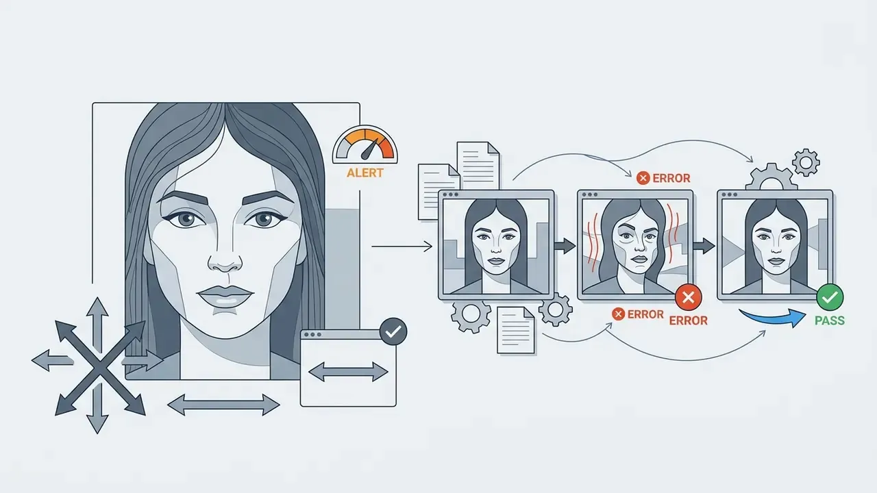 Face tracking showing an alert for excessive motion leading to errors before a successful pass state